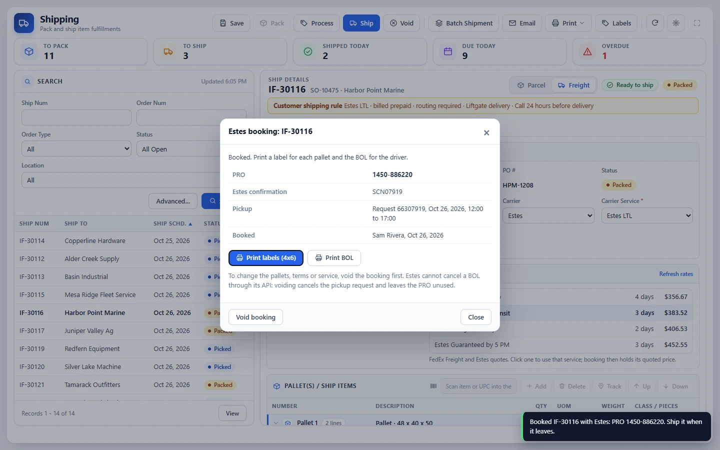 An LTL shipment booked with Estes from inside NetSuite, showing the PRO number, pickup request and buttons to print labels and the BOL